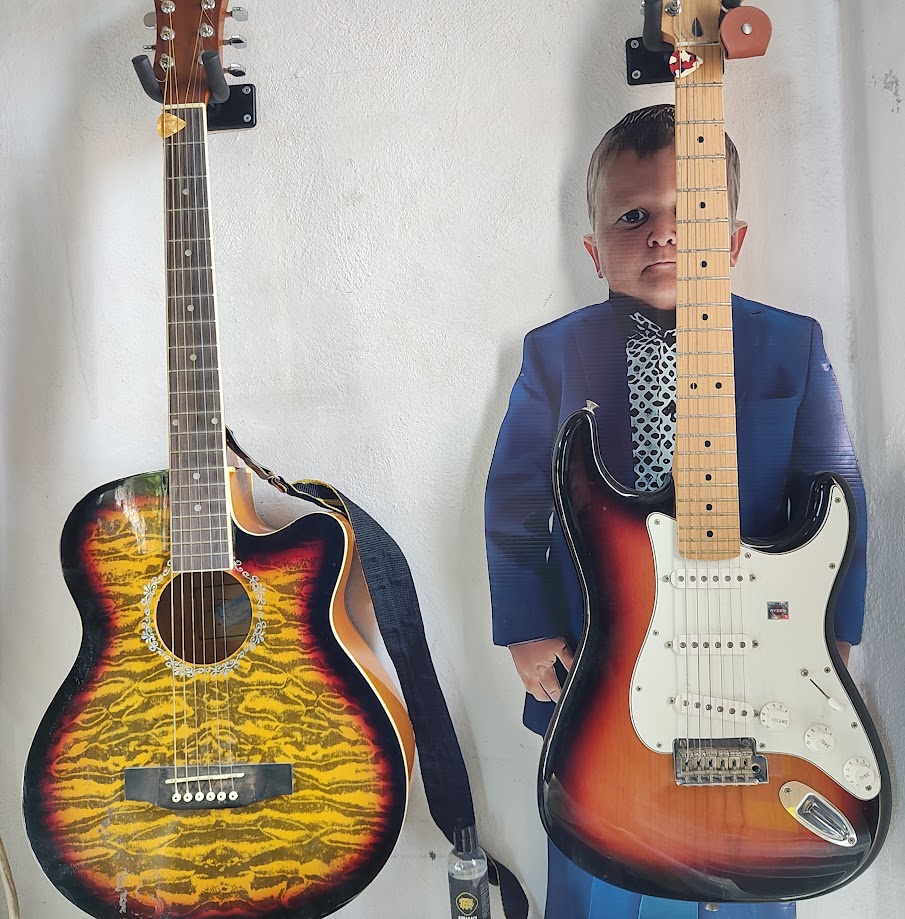 Guitarra acústica y guitarra eléctrica colgadas en la pared